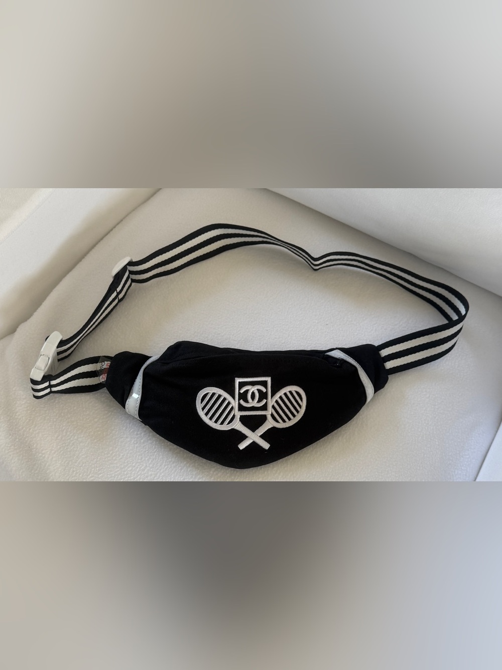 CHANEL Black and White Striped Logo Belt Pouch